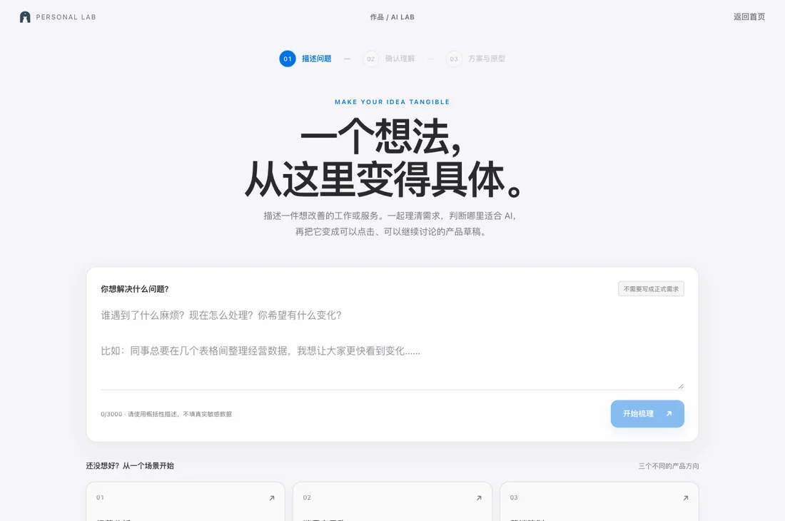 AI 工作台的实际界面：从业务想法开始梳理需求