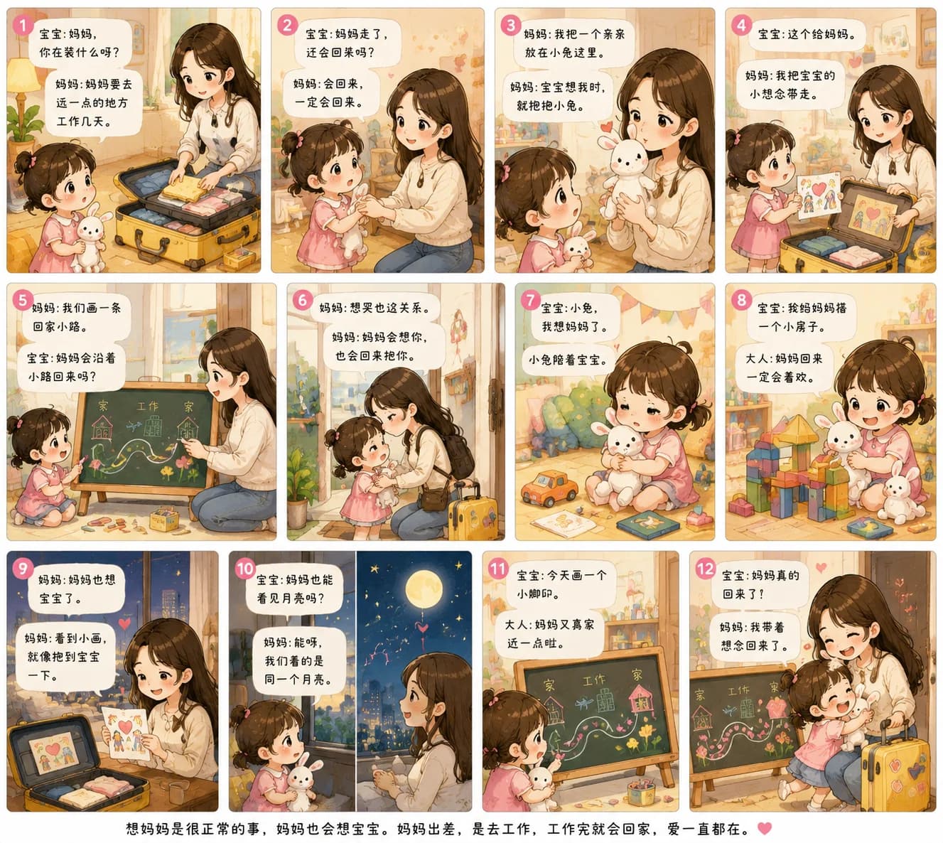妈妈出差漫画：妈妈和小麦子准备行李，并约定沿着小路回家