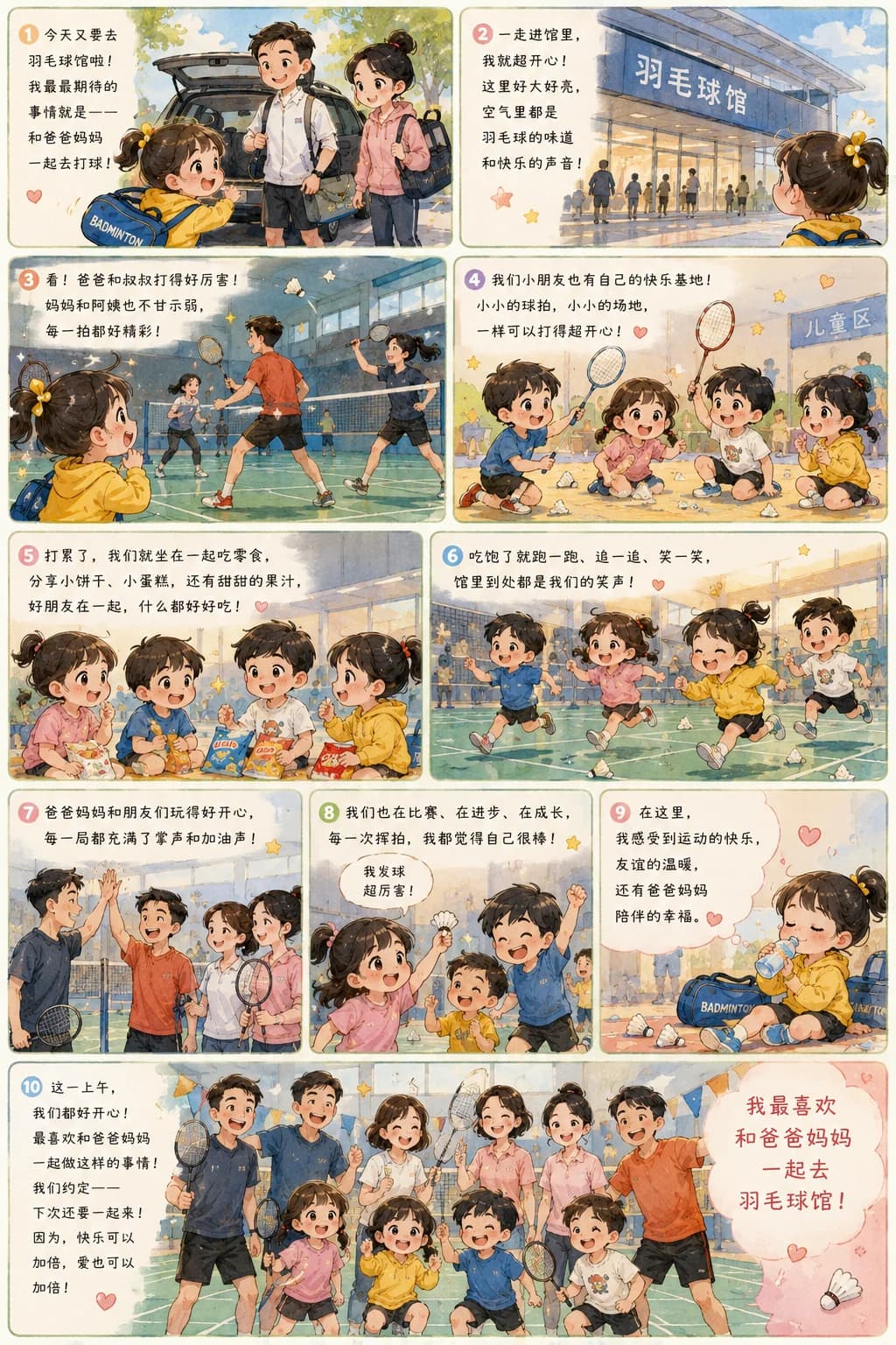 羽毛球漫画：小麦子和爸爸妈妈、朋友们一起在羽毛球馆玩耍