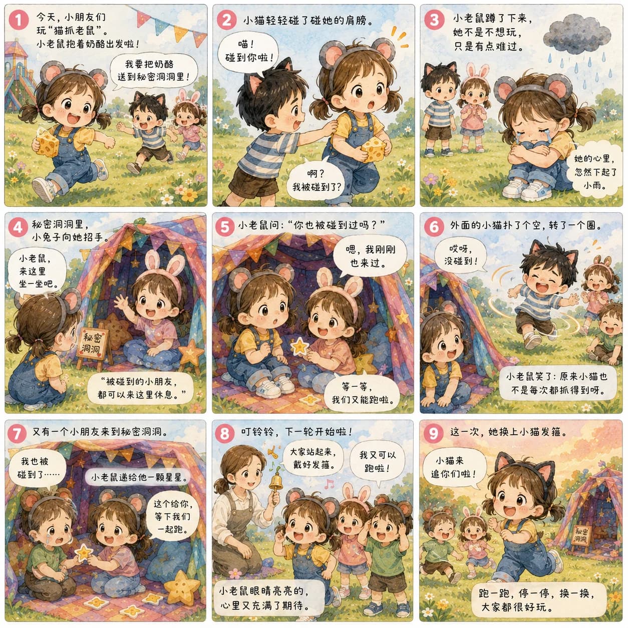 猫抓老鼠游戏漫画：被猫碰到的小朋友在秘密洞洞休息，下一轮继续游戏
