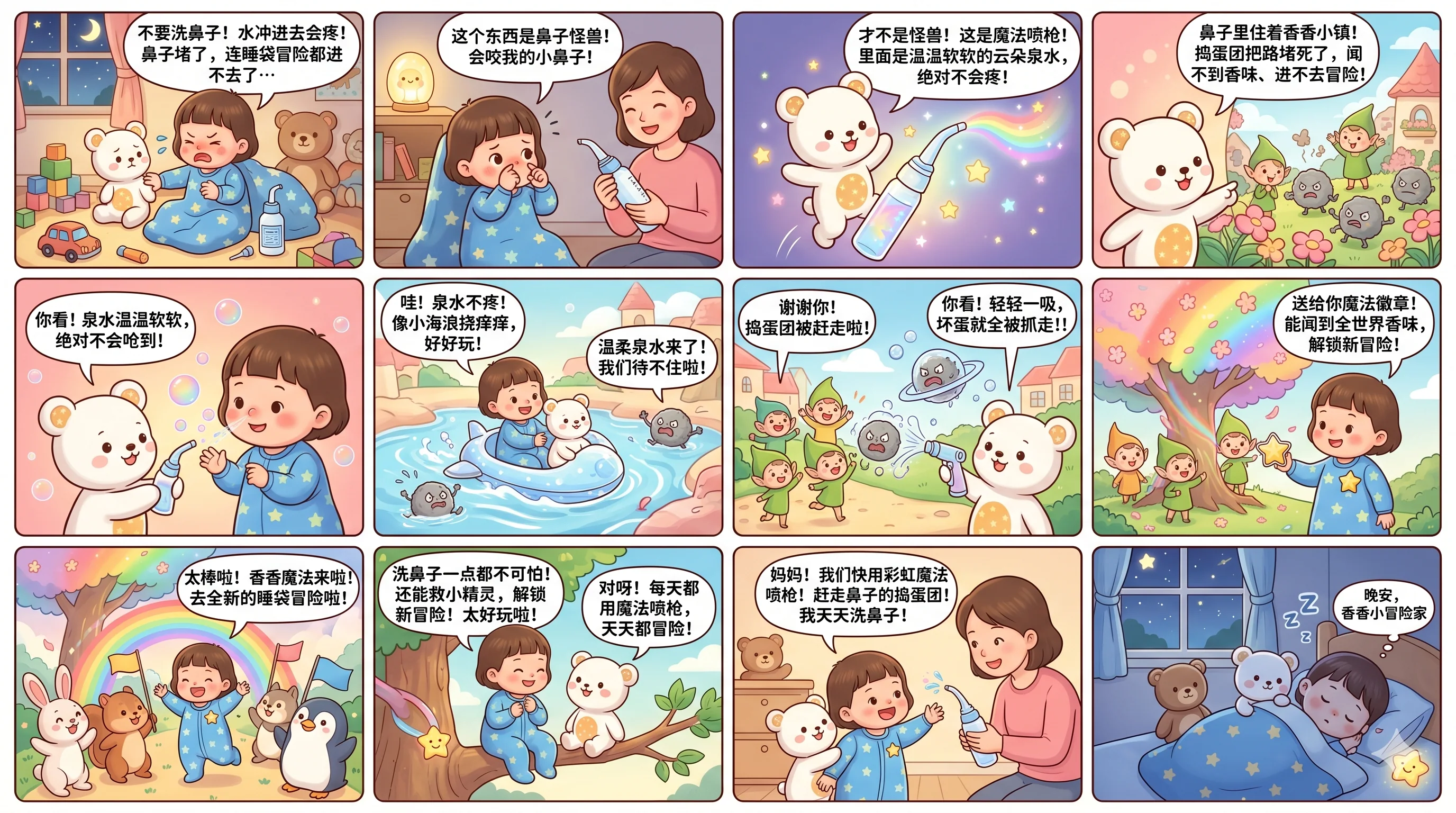小麦子的生活漫画：把洗鼻子画成一场彩虹冒险
