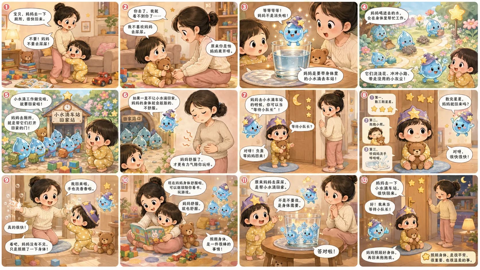 妈妈去尿尿漫画：小水滴们在身体里的车站工作，妈妈很快回家