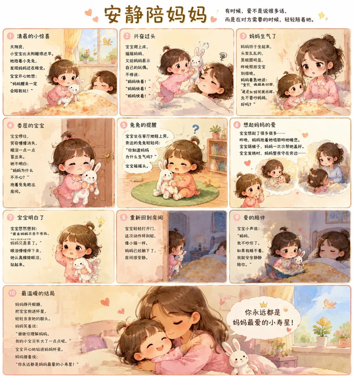 妈妈睡觉漫画：小麦子理解妈妈需要休息，最后和妈妈温暖地拥抱