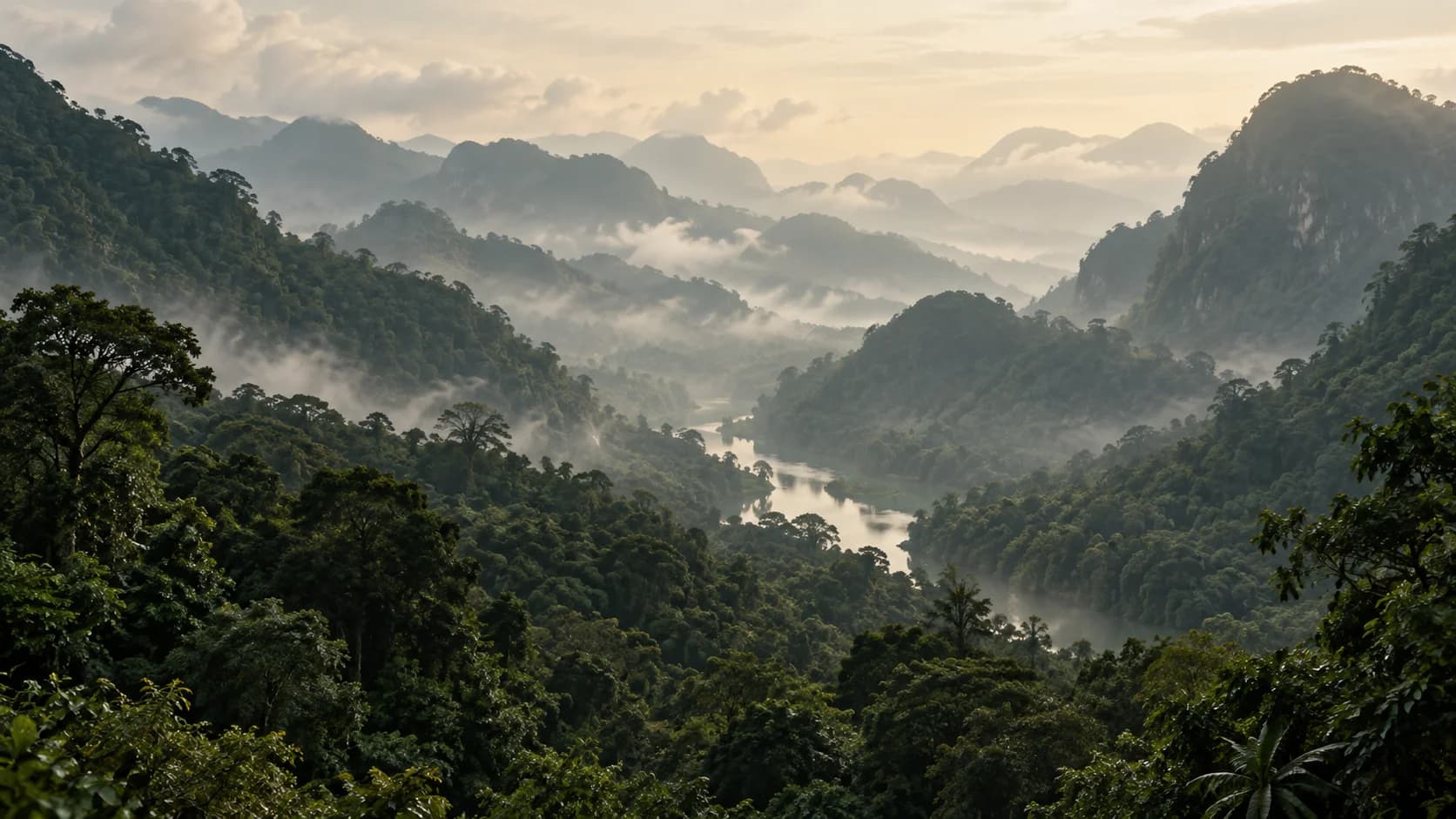 晨雾中的热带山谷，深绿山林环抱一条宁静的河流。AI 生成的虚构景观。