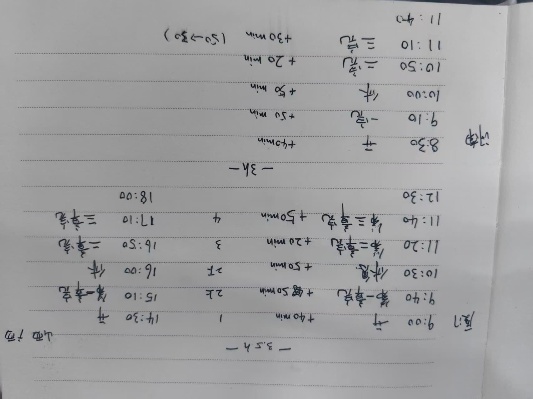 四地授课前手写的课程时间节点