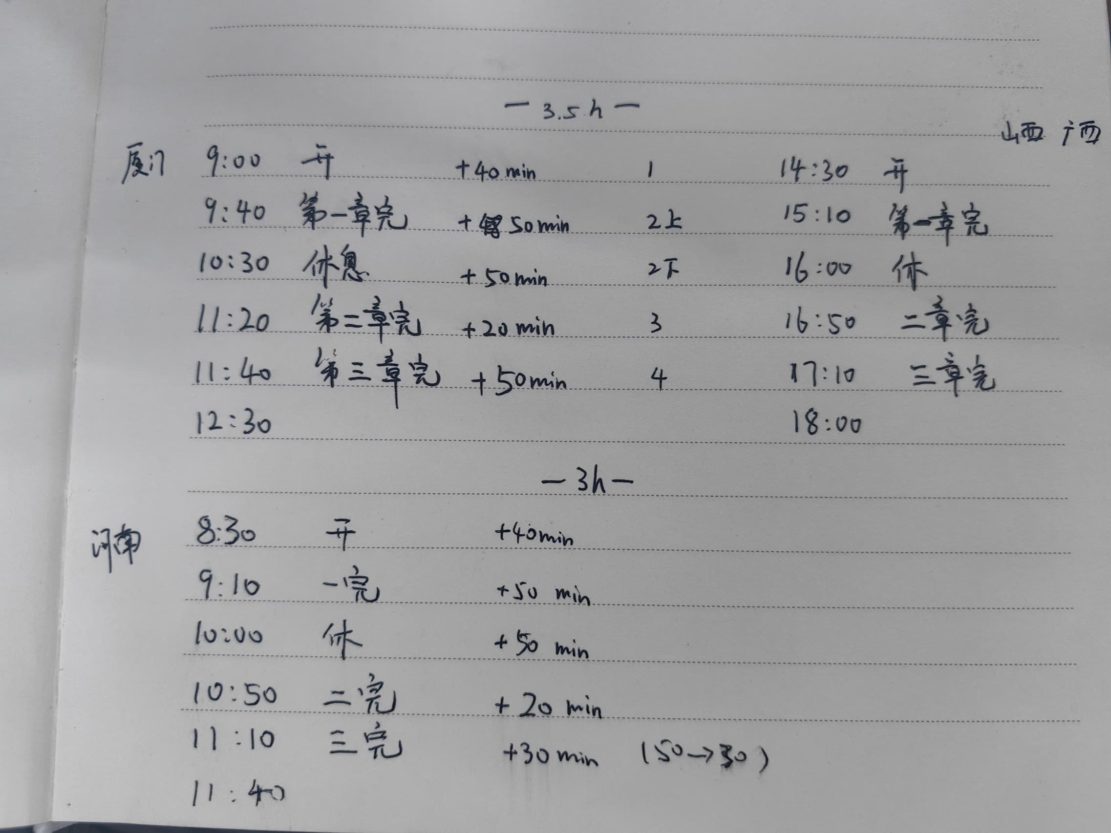 四地授课前手写的课程时间节点,文字方向已校正